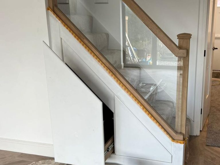 Flooring, meter cupboard build, oak beam and door fitting